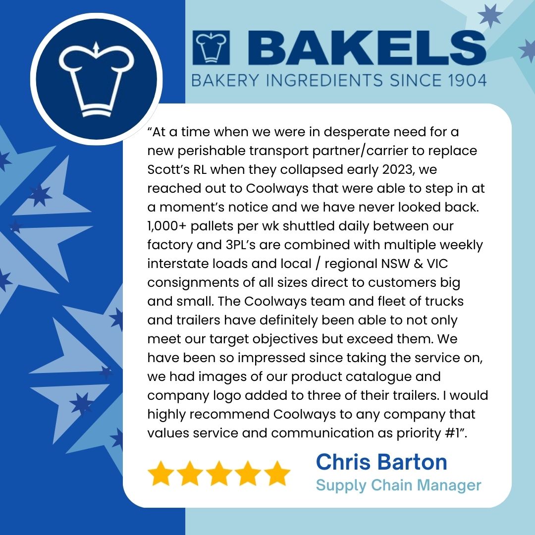 Bakes Bakery testimonial about Coolway Trans delivery services